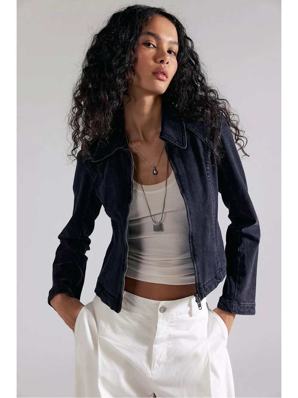 Free People Retro Y2K 90s Double Zip River Denim Jean Jacket in Black NWT XL